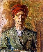 Zygmunt Waliszewski Self-portrait in red headwear oil painting on canvas